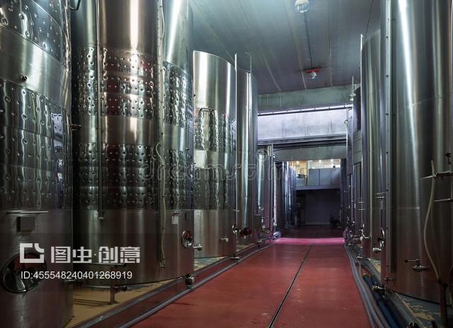 含发酵葡萄酒的不锈钢蓄水池Stainless cisterns with fermenting wine in fabric