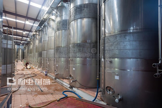 含发酵葡萄酒的不锈钢蓄水池Stainless cisterns with fermenting wine in fabric